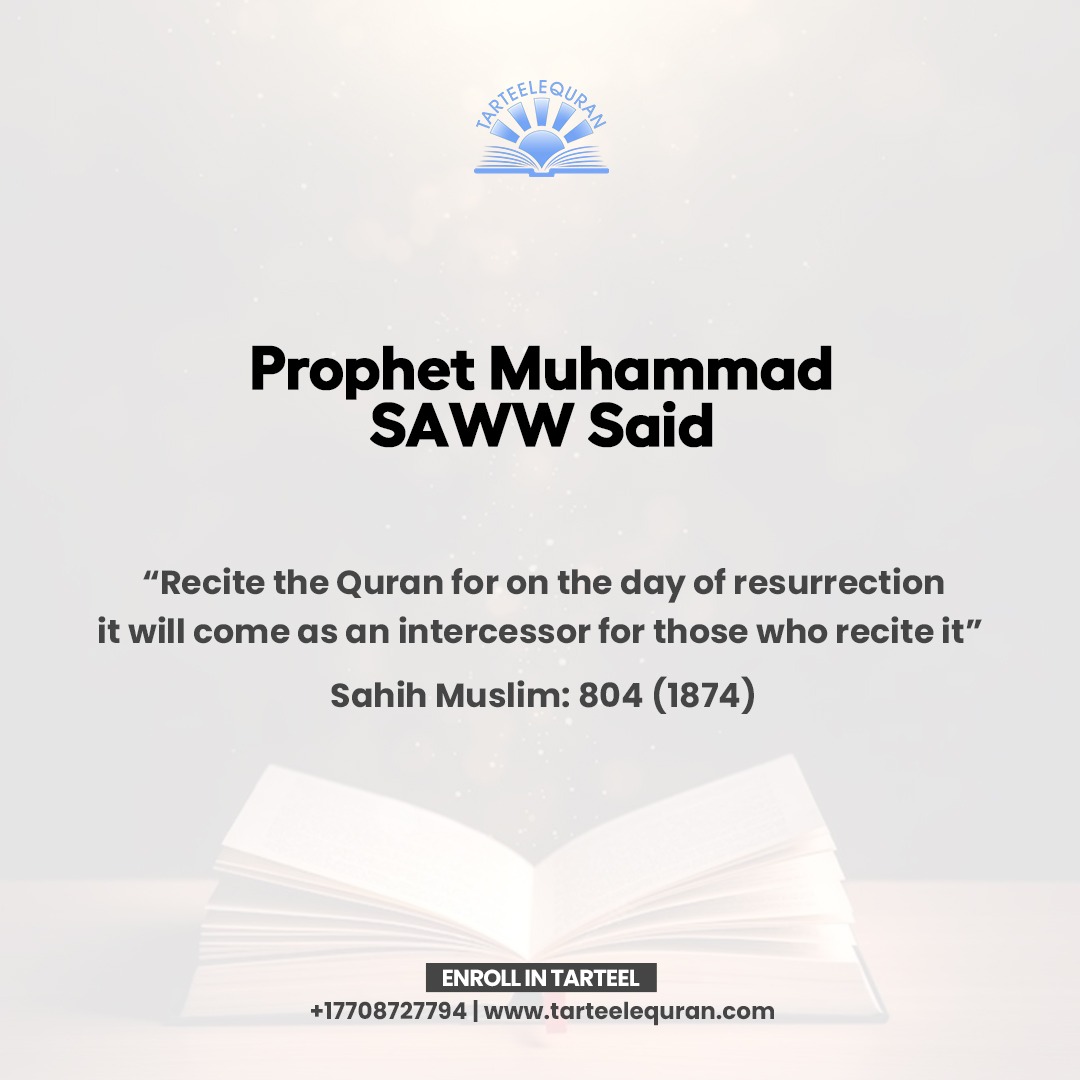 Prophet Muhammad (SAWW) said: ''Recite the Quran, for on the Day of Resurrection, it will intercede for its reciters.
Visit: tarteelequran.com! 
Whatsapp: +17708727794 

.
.
.
.
#Quran #Intercession #ProphetMuhammad #tarteelequran #quranlearning #Quranmemorization