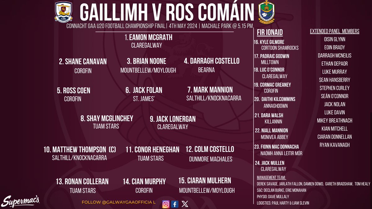 🚨TEAM NEWS🚨

Connacht U20 Football Final🏆

Our U20 Football Team to face Roscommon tomorrow is announced⤵️

Match Day Info on
galwaygaa.ie/team-news-galw…

Best of luck to Derek Savage, team management and our U20 Footballers!

#riseofthetribes
#gaillimhabú