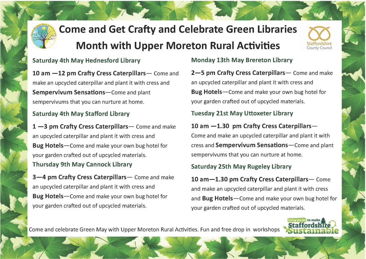 Staffordshire Libraries (@staffslibraries) on Twitter photo We're delighted to be working with Upper Moreton Farm who will be offering some Rural Activities for #GreenLibrariesMonth
These events are all drop-ins so just pop along and meet the team. Thanks to <a href="/Staffslearning/">Staffordshire Community Learning</a> for funding these sessions!
<a href="/HednesfordLib/">Hednesford Library</a> <a href="/HednesfordTC/">Hednesford Council</a> We're delighted to be working with Upper Moreton Farm who will be offering some Rural Activities for #GreenLibrariesMonth
These events are all drop-ins so just pop along and meet the team. Thanks to <a href="/Staffslearning/">Staffordshire Community Learning</a> for funding these sessions!
<a href="/HednesfordLib/">Hednesford Library</a> <a href="/HednesfordTC/">Hednesford Council</a>