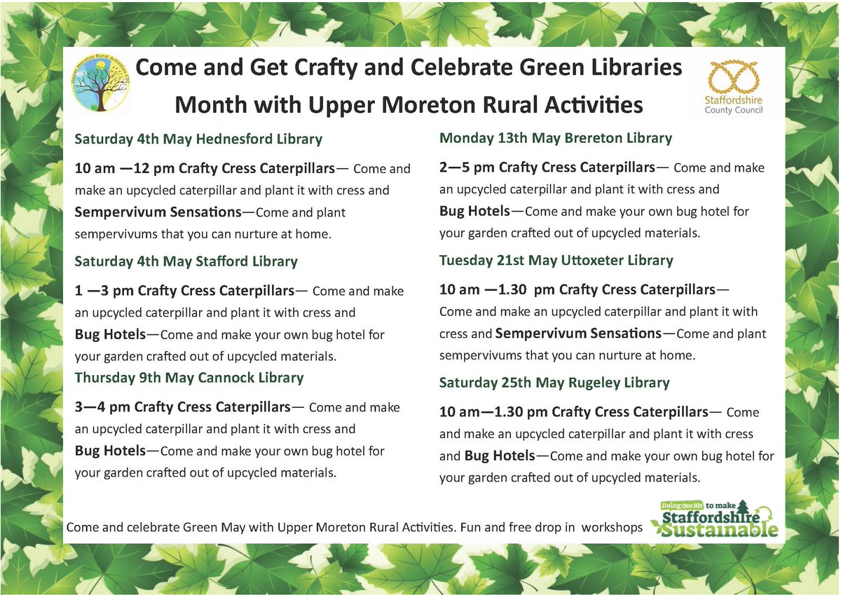 We're delighted to be working with Upper Moreton Farm who will be offering some Rural Activities for #GreenLibrariesMonth 
These events are all drop-ins so just pop along and meet the team. Thanks to @Staffslearning for funding these sessions!

@HednesfordLib @HednesfordTC