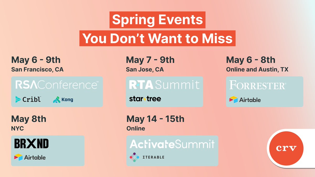 Temperatures are starting to heat up and so is the tech networking scene. Catch up with fantastic CRV backed businesses like @Airtable, @cribl_io, @thekonginc and @StarTreeData at events like @BrXndAI, @Forrester’s #ForrB2BSummit and @RSAsecurity’s #RSAC #RSAC2024.