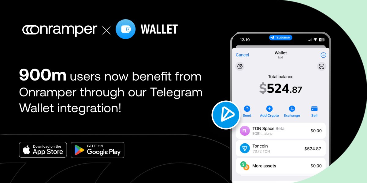 🏆Onramper x @wallet_tg!

One of our most impactful integrations to date!

We are: 

👉Allowing users to get TON and USDt on TON at the click of a button, anywhere. 

👉Providing @telegram users with the best fees, and the best converting fiat options (through 18+ onramps) ⇒…