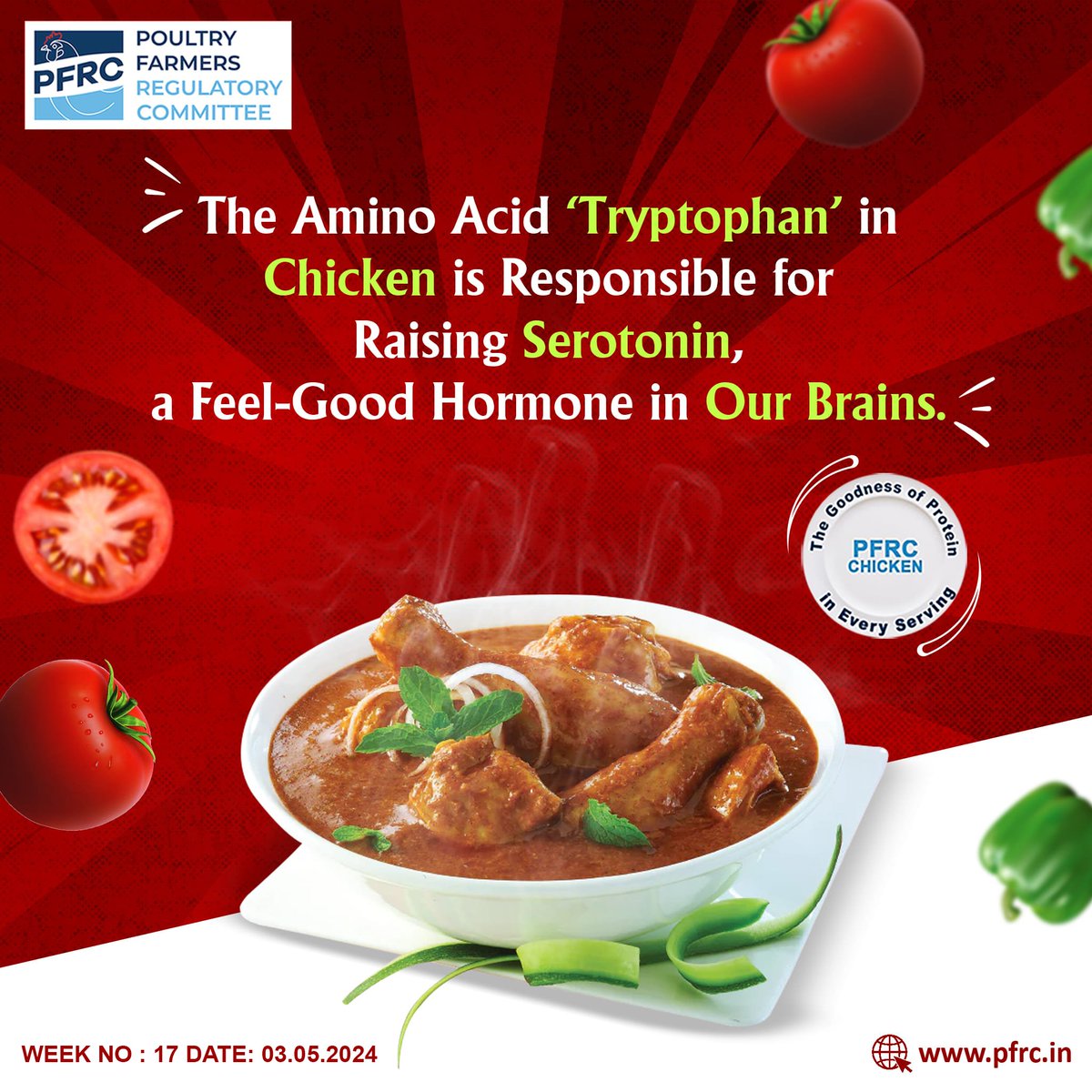 The Amino Acid 'Tryptophan' in Chicken is Responsible for Raising Serotonin, a Feel-Good Hormone in Our Brains.

#chicken #protein #nutrients #bones #heart #weight #vitamin #immunity #health #deliciousfood #chickencurry #healthy  #chickenlover  #poultryfood #farm #pfrc #pfrctn