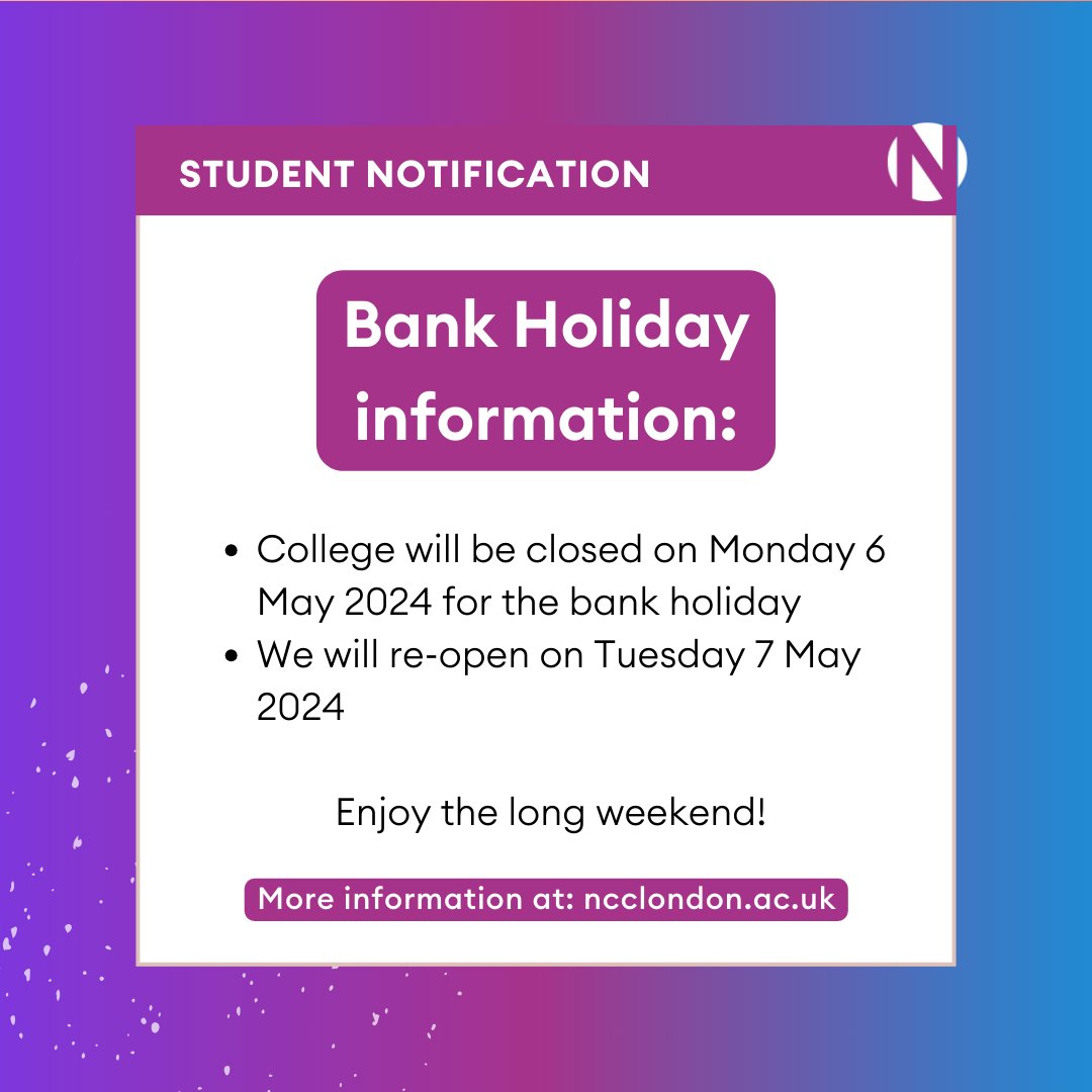 Students, please note: The college will be closed on Monday 6 May 2024. We will resume normal operations on Tuesday 7 May 2024. Wishing you a wonderful bank holiday weekend! We can't wait to see you next week! 🙌