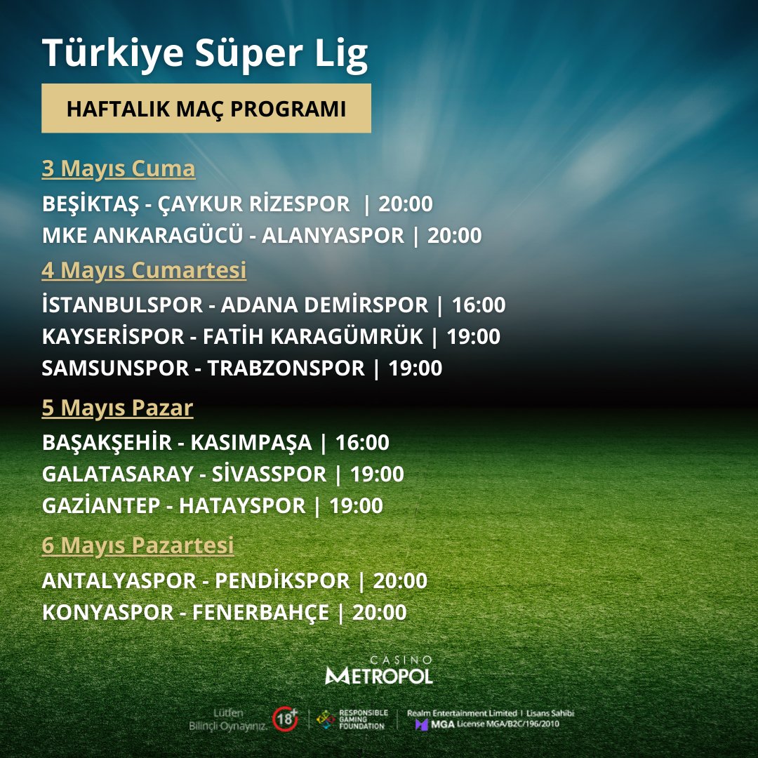 🇹🇷 Süper Lig'deki 35. hafta mücadelelerine hazır mısın? Sezon sonuna kadar nefes kesen mücadelelerin keyfini #CasinoMetropol'den başka bir yerde arama! Casino Metropol Giriş: bit.ly/3BIuxdY