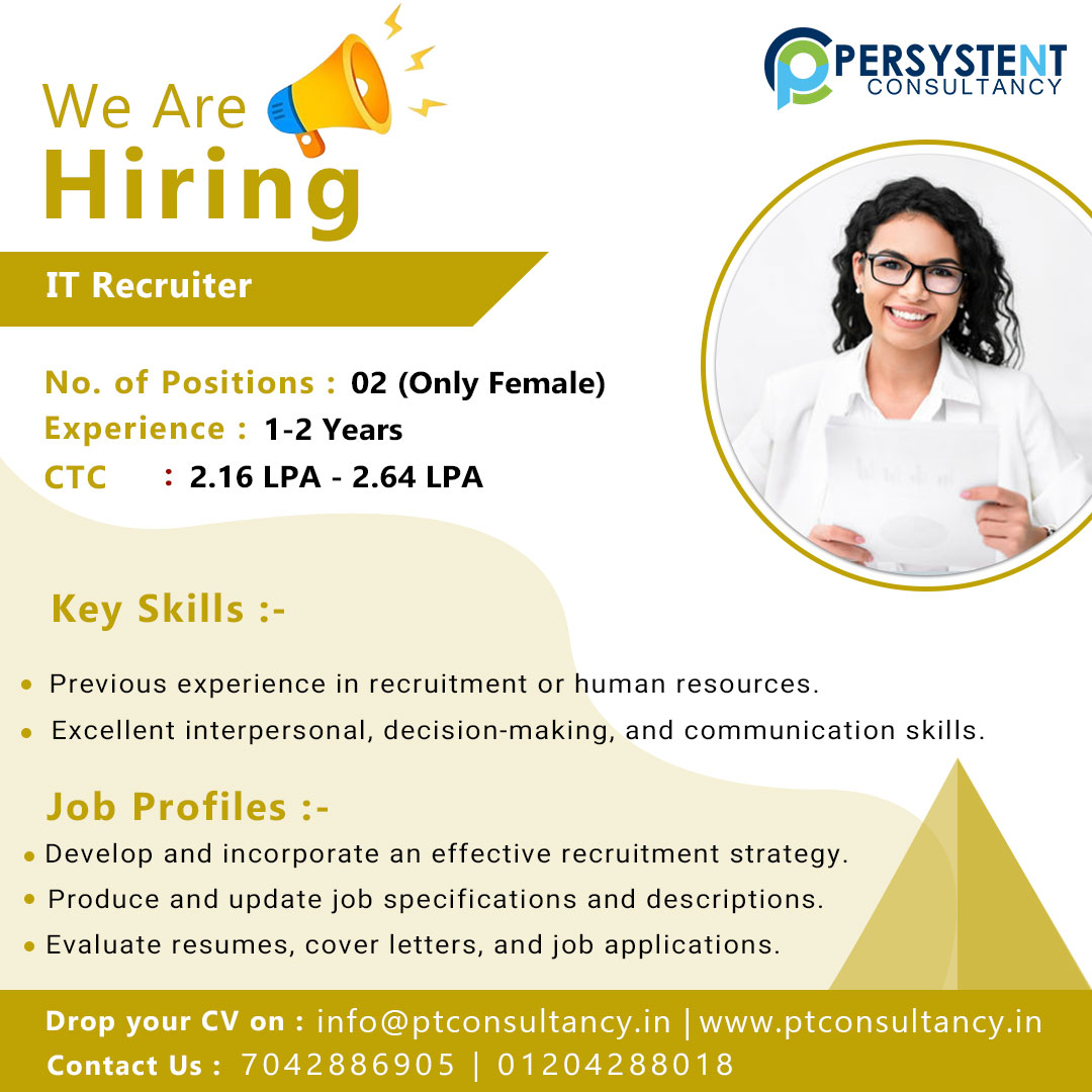 Hiring IT Recruiter (Only Female Candidates)
Experience - 1 to 2 Years
Location - Noida Sector 65
Apply at link :- bit.ly/hiring-it-recr…
Key Skills:- Recruitment Expertise, Communication Skills, Time Management, etc
Mail id:- ptcon2020@gmail.com
#itrecruiter #jobopening #hiring