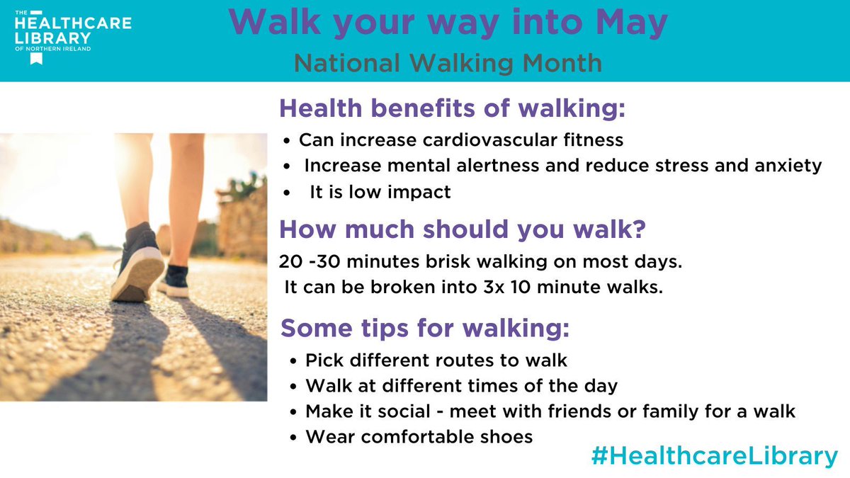 #NationalWalkingMonth is here! Walk just 20 minutes a day to stay active and healthy. #HealthcareLibrary @BelfastTrust @NHSCTrust @WesternHSCTrust @SouthernHSCT @setrust @HSC_NI