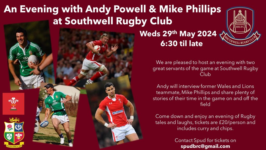 Clubhouse Event - An Evening with Andy Powell & Mike Phillips All welcome at this event - £20 ticket including food. Contact Spud on email (see link) for tickets southwellrfc.com/calendar/event…