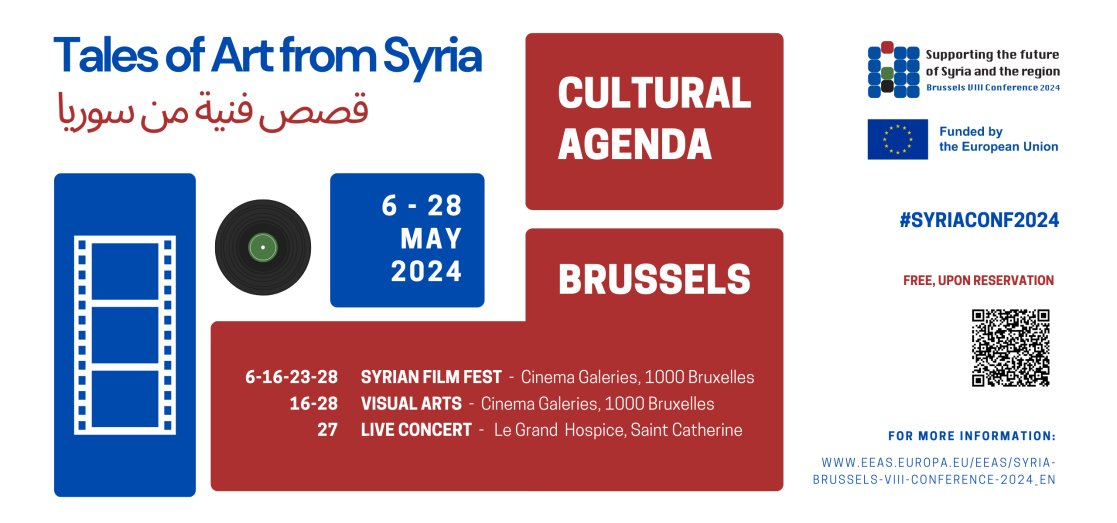 In the margins of the Brussels VIII Conference on “Supporting the future of Syria & the region”, we invite you to join📽️a Syrian movie festival from 6 to 28 May at @cinemagaleries. More information & the full programme available here 👉shorturl.at/bnuNV #SyriaConf2024