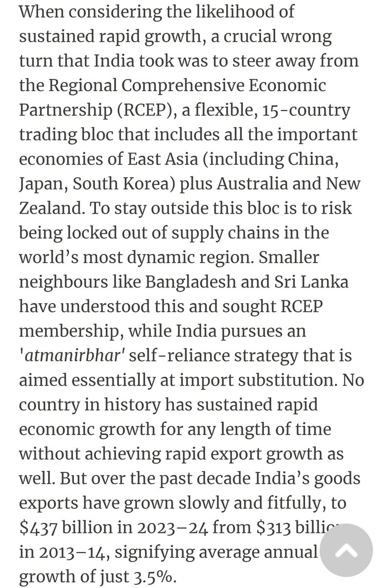 This part of analysis is wrong. If India would have joined RCEP at that time, the Indian industries would have been decimated by Chinese mercantilism. Even without joining it, there is already dumping going on right now via ASEAN FTA.