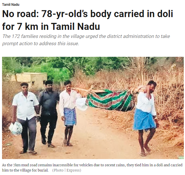 TIRUPATTUR: The body of a 78-year-old man was carried on a doli for 7 km to his native village of Neknamalai hillock in Tirupattur district on Thursday due to the lack of proper road facility. newindianexpress.com/states/tamil-n…