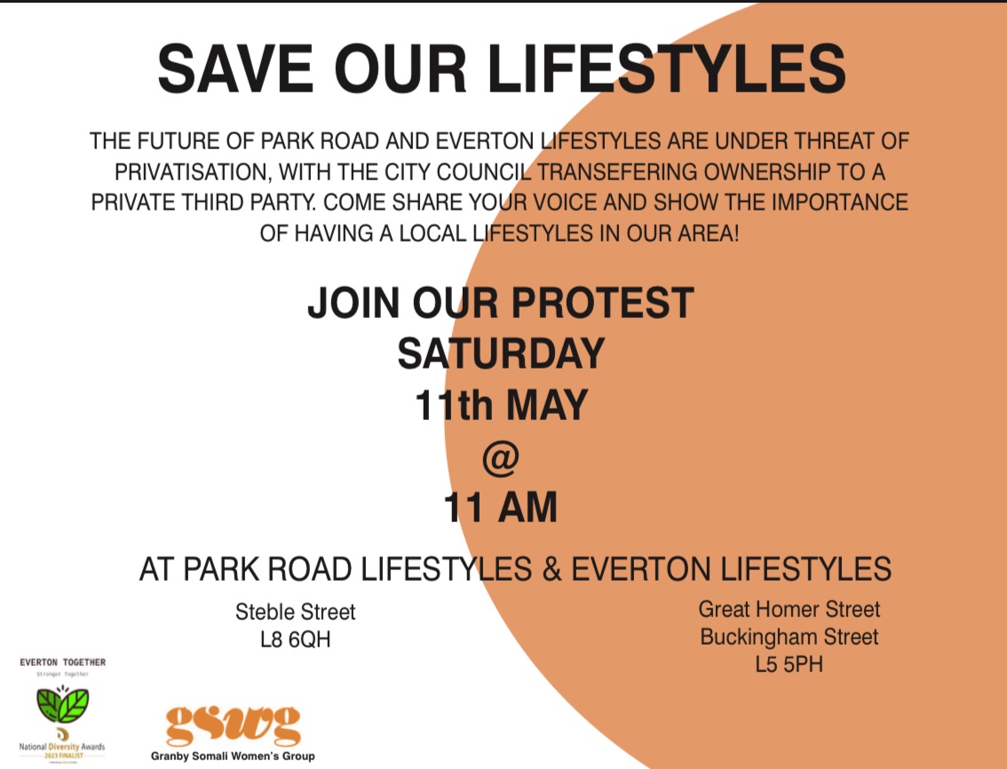 Join us Saturday the 11th of May at Park Road Lifestyles and @Everton2Gether at Everton Lifestyles for our joint protest to keep the lifestyles open and in public ownership from 11am.