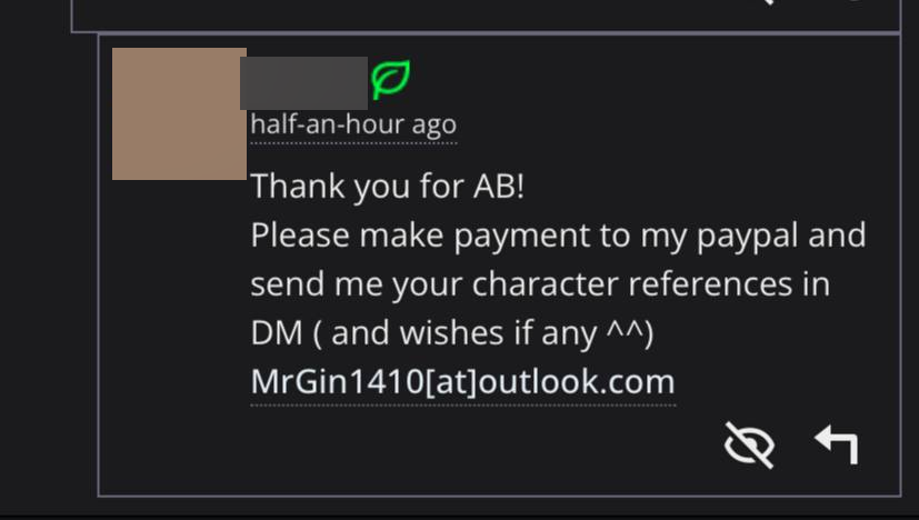 NeverMown's tweet photo. WARNING: ⚠️ New scam alert! ⚠️ 
Beware of scammers on FurAffinity!  They're cloning accounts, mimicking avatars & usernames, then tricking bidders in ended auctions!  Using a similar style, they're duping users into sending payment to 'MrGin1410@outlook.com' via PayPal. Don't fall victim!