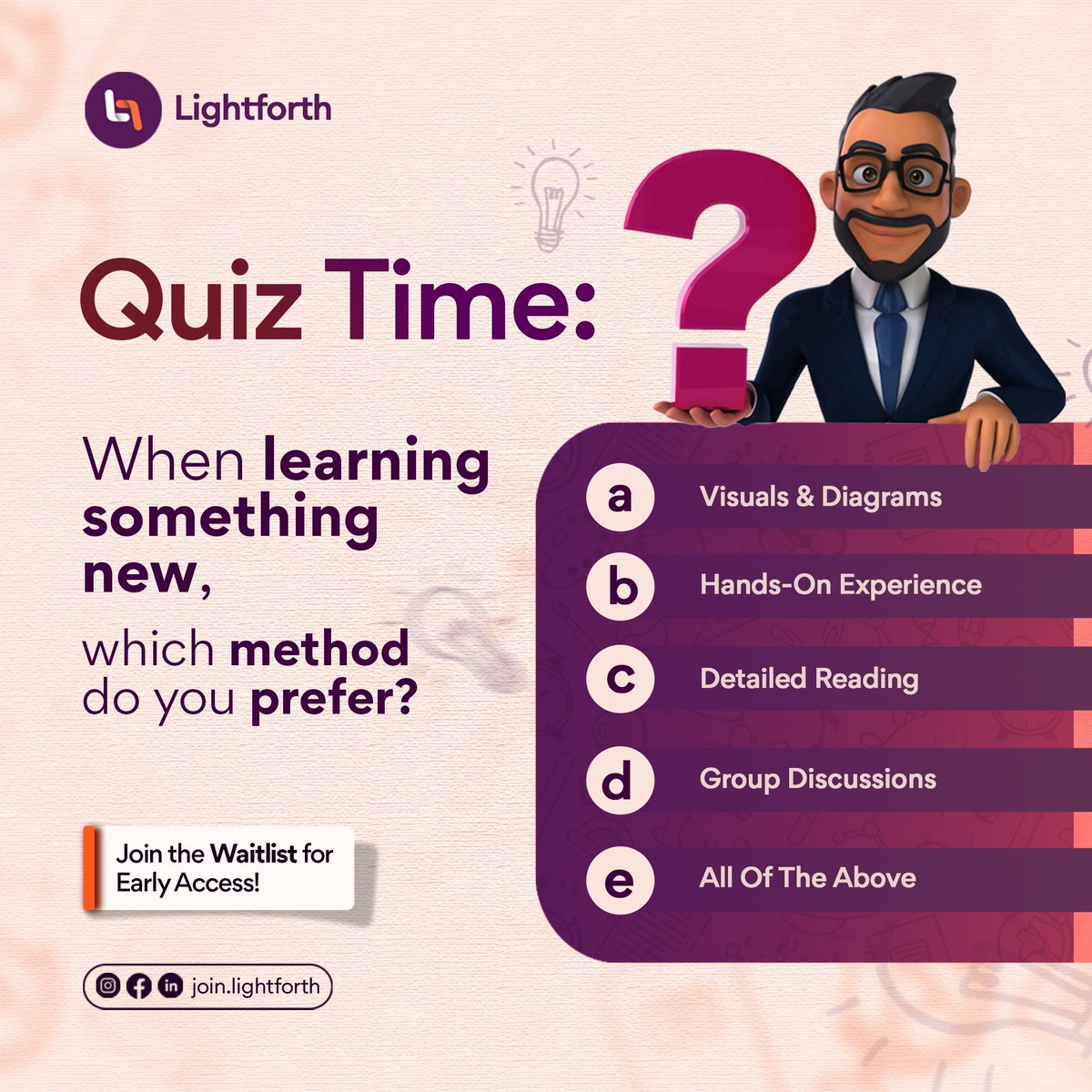 Happy Friday, everyone! 🎉

Let's have some fun and get insightful.

As we wrap up the week, we're curious to know: How do you prefer to learn something new?

Check out the options below and drop your favorite in the comments! Ready? Let's go! 🚀

#FridayFunQuiz #LearningStyles