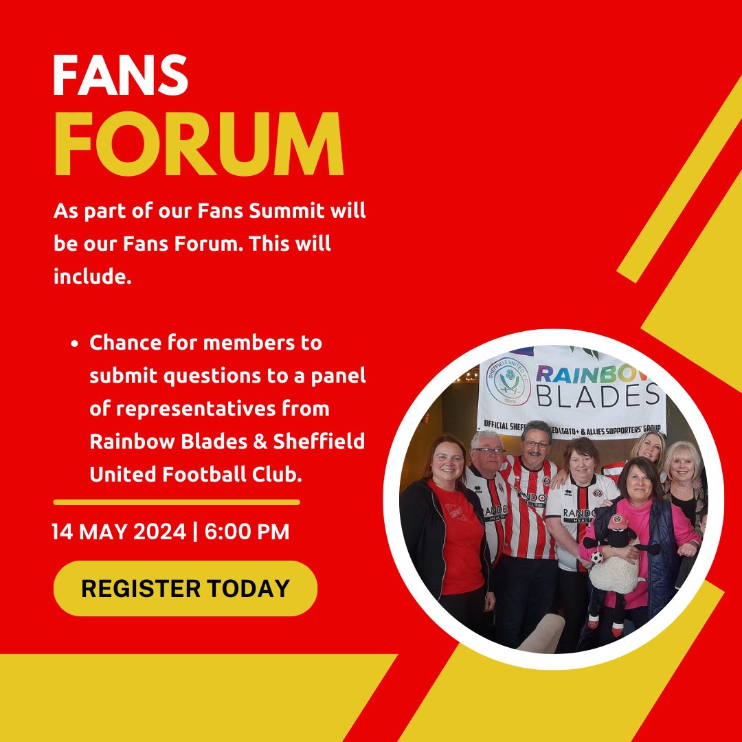 Rainbow Blades Fans Summit ⚔️ The Summit is open to any SUFC supporter & a chance to find out more about Rainbow Blades. The summit will cover: 🟡 AGM 🟡 Fan's Forum 🟡 In conversation with Tony Currie & Sophie Barker Register by Fri 10 May eventbrite.co.uk/e/rainbow-blad…