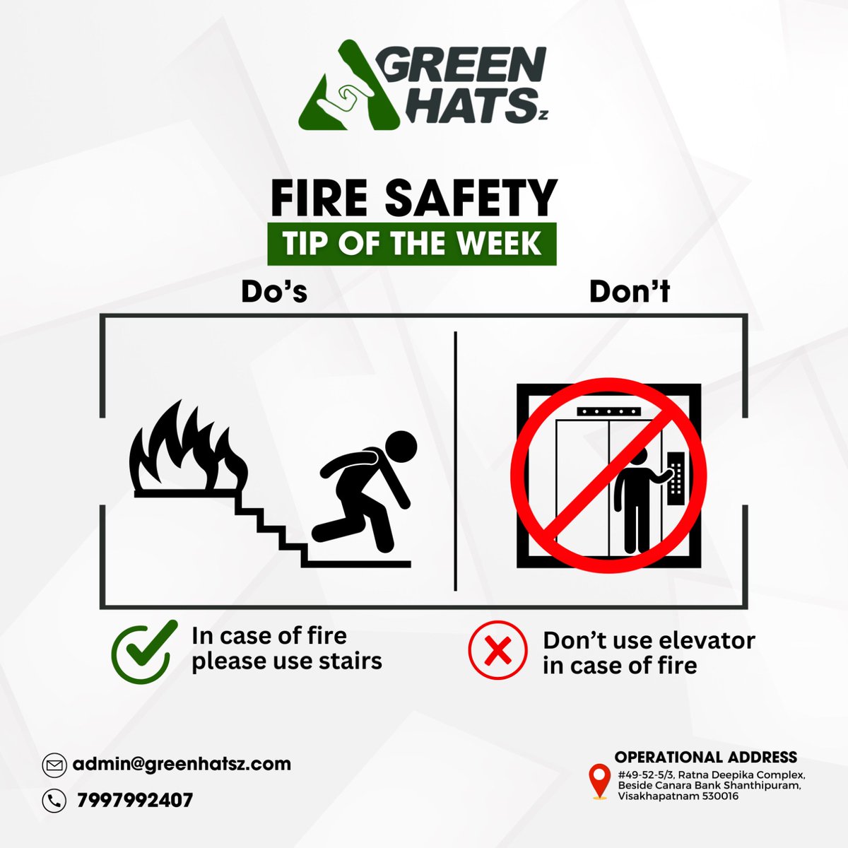 🔥 Ignite your fire safety knowledge with our Tip of the Week from Greenhatsz! 🚒 This week, let's focus on the dos and don'ts to keep you safe:

#FireSafety #TipOfTheWeek #GreenhatszSafety #Greenhatsz #FireSafetyDiploma #SafetyTraining #FirePrevention
#EmergencyResponse #Risk