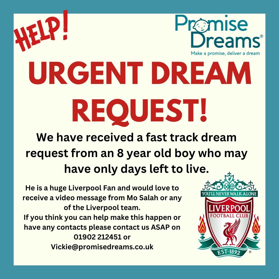 Come on people! We need your help!

Please Share and tag whoever you can that could help!

@mosalah @liverpoolfc @virgilvandijk @trentarnold66 @premierleague @skysports 

#liverpoolfc #promisedreams #mosalah #liverpoolfans @Liverpool