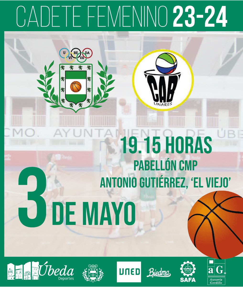 BALONCESTO🏀| El equipo cadete femenino de baloncesto se juega esta tarde el pase a la Fase Final de la Copa Diputación, después de una gran temporada de Liga. ¡Suerte!

🗓️ Viernes, 3 de mayo
⏰ 19.15 horas
📍 Pabellón CPM 'Antonio Gutiérrez, El Viejo'
🆚 CAB Linares