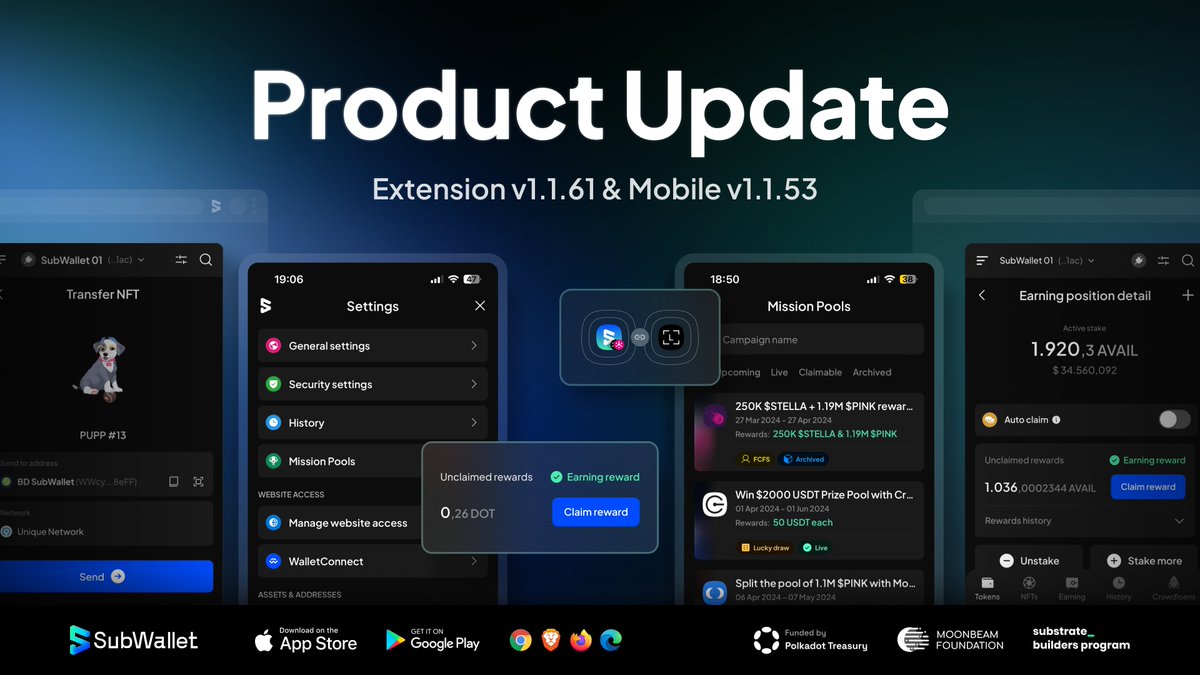 📢 A huge SubWallet product update is in store 📢

Fixing bug on @Polkadot & @kusamanetwork nomination pool earning status and extending support for @Ledger @EnterTheMythos @AvailProject @PaseoNetwork @AstarNetwork @dentcoin @Liberland_org @tangle_network @phyken_network…
