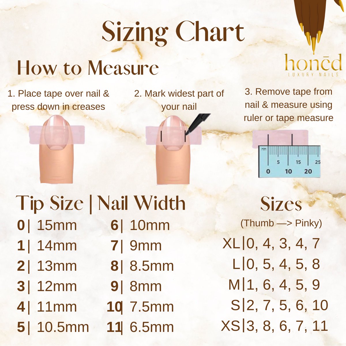 Sizing Chart 💅🏽🤎 Larger nails? No problem! We offer nail sizes up to 15mm. The standard press on set only goes up to 13mm. I’ve personally had issues with pressons fitting my nails properly, ESPECIALLY my thumbs! Honēd has solved that problem 🫶🏽