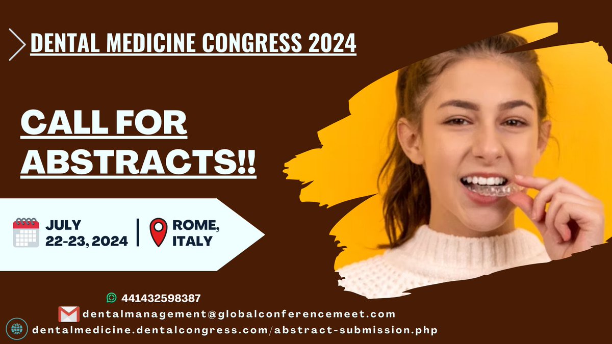 OrthoDentalConf's tweet photo. #Conferenceseries is excited to announce the upcoming conference on #Dental #Medicine & #Orthodontics!
We encourage you to submit an #abstract highlighting your work and findings.
Conference Website: https://t.co/uAxE9W6k0c
#DentalMeet2024 #DentalMedicineCongress2024 #Oral https://t.co/FfN8wVZpf0
