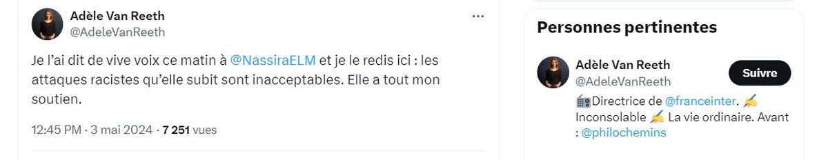 France Inter cède aux pressions des islamo-gauchistes : la radio publique modifie 2 fois son communiqué et la directrice de la radio Adèle Van Reeth apporte désormais son soutien à la journaliste #NassiraElMoaddem sans dénoncer ses injures francophobes