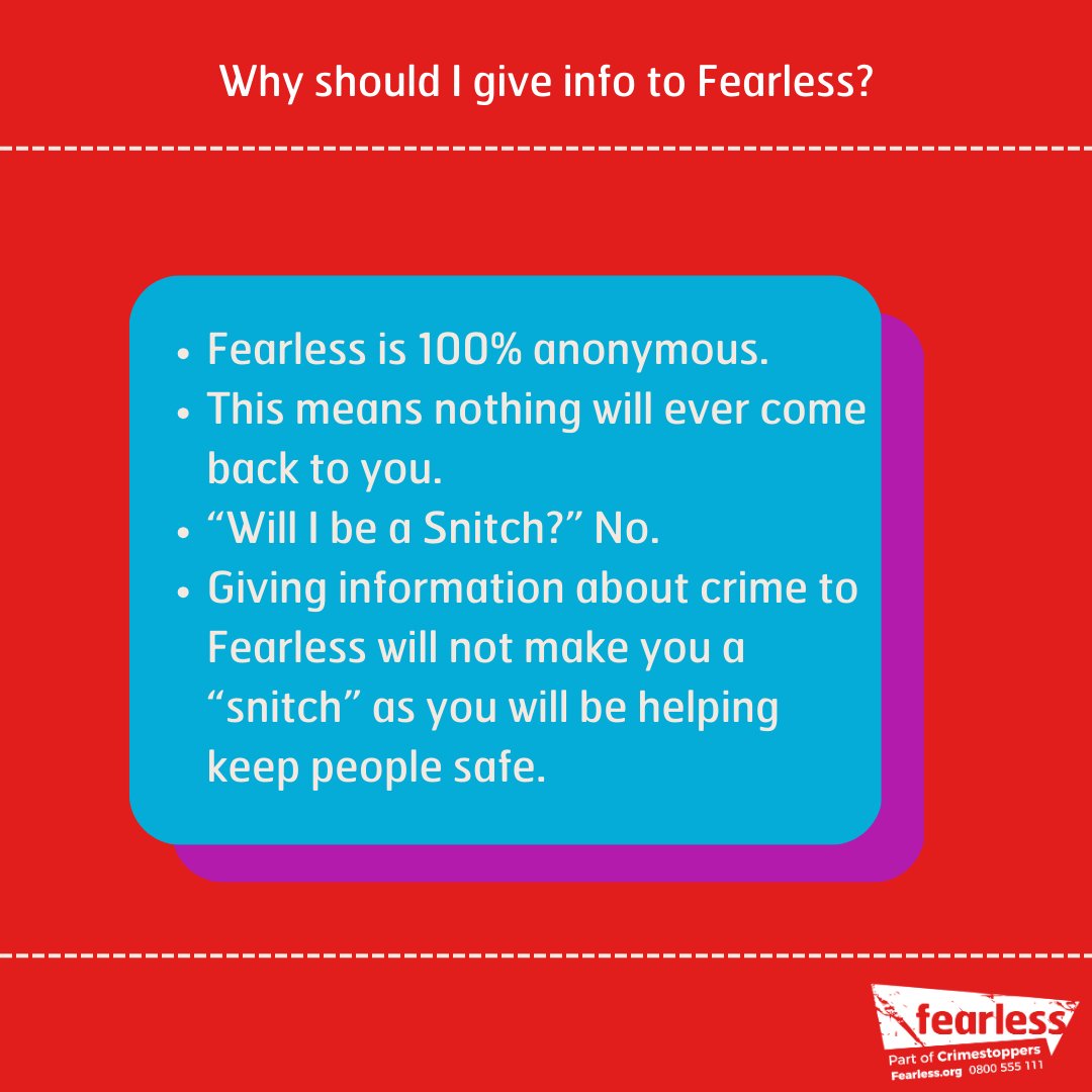 Here are a few reasons to give information to Fearless. Tell us what you know. 100% anonymous. Always.