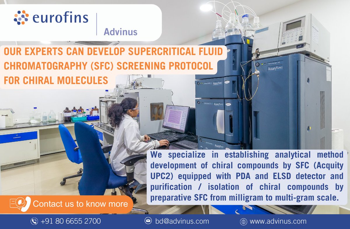 Developing reliable and efficient Supercritical Fluid Chromatography (SFC) screening protocols tailored for chiral molecules. 
To speak with our team, write to us at bd@advinus.com
#drugdiscovery #chiralcompound #analyticalchemistry