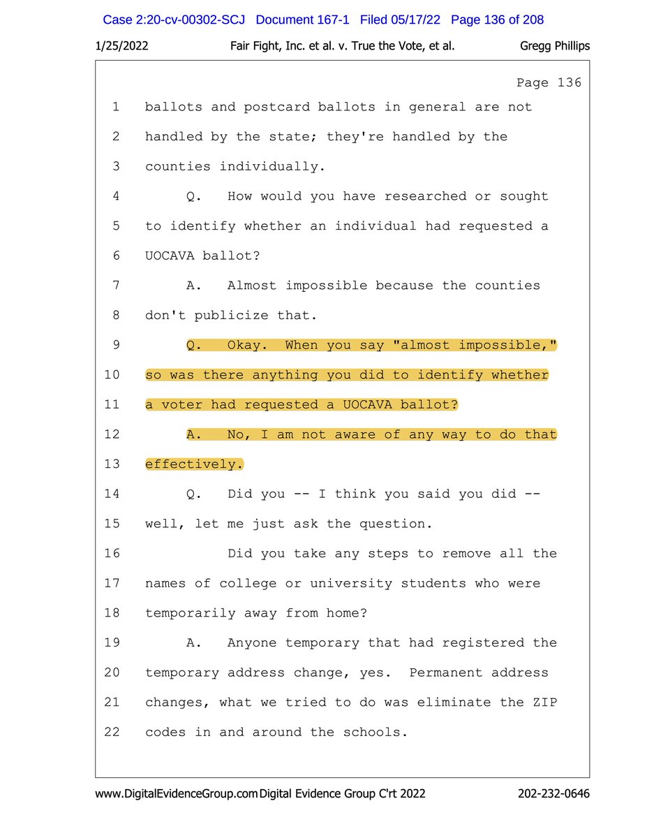 ⚖️ Fair Fight v. True The Vote
Gregg Phillips Deposition ~ Jan 2022

Q: Was there anything you did to identify whether a voter on your challenge list had requested a UOCAVA ballot?

Gregg Phillips: No.