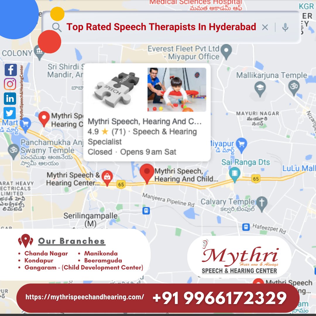 #SpeechTherapy #Hyderabad #MythriSpeechAndHearing #DrSandeepNeela #Audiology #ChandaNagar #CertifiedSpeechTherapyCenter #ExpertSpeechTherapist #TopQualityService #SpeechHealth #SpeechTherapyCenter #BestInHyderabad #PatientFirst #ClientSatisfaction  #TopRatedTherapists