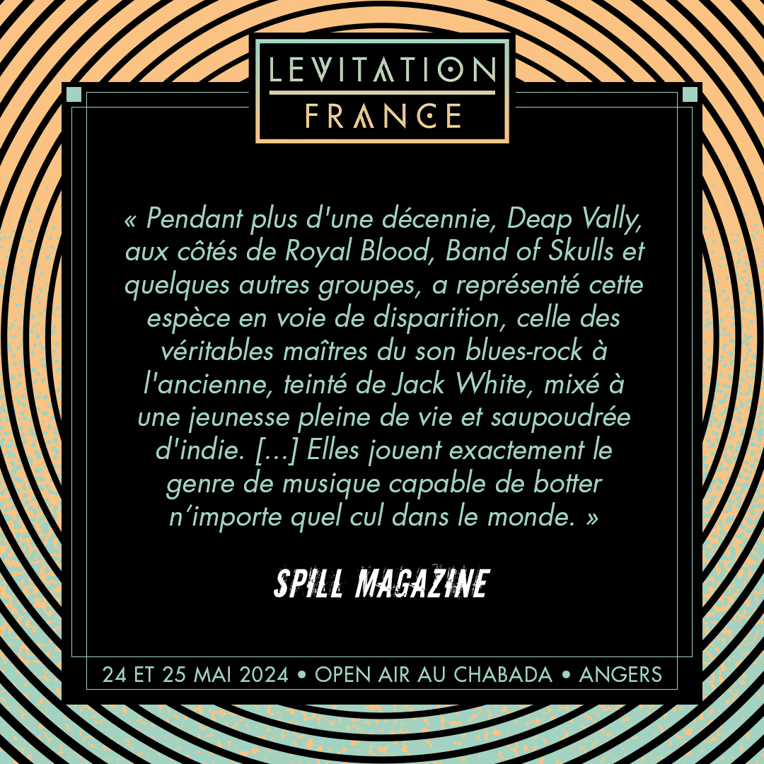 💥 DEAP VALLY le samedi 25 mai à #LF2024 ! 💥 Après une décennie de rock et de concerts explosifs, @DeapVally annonce sa dernière tournée en 2024. Oubliez les pots de départ tristounes et préparez-vous pour une déflagration sonore d'adieu mémorable. 🎟️ levitation-france.com/#billets