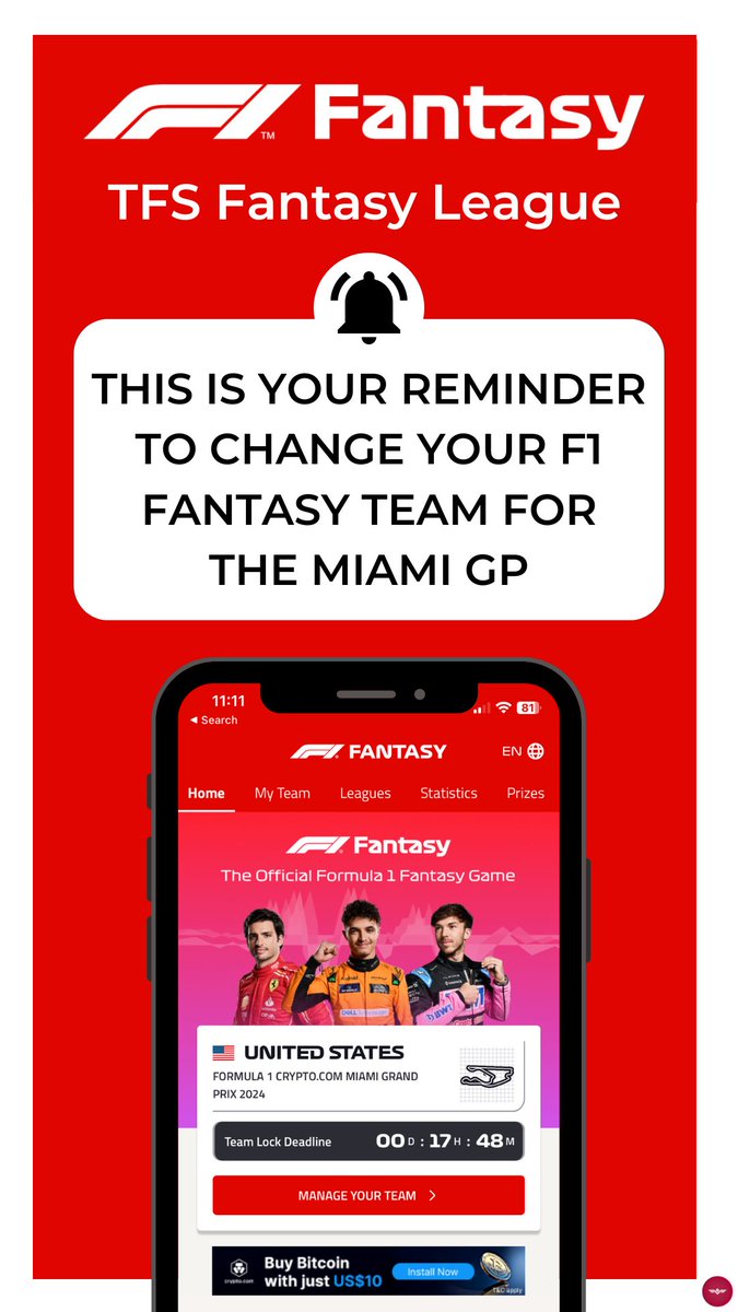 Remember to update your F1 Fantasy League teams 📱

#f1 #f1fantasy #fantasyleague #f1fantasyleague #thefastestsector