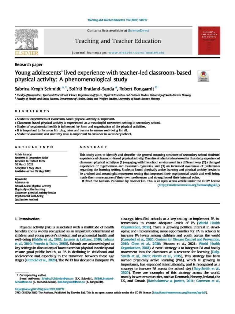 Young adolescents’ lived experience with teacher-led classroom-based physical activity: A phenomenological study - To identify and describe the general meaning structure of secondary school students’ experience of classroom-based physical activity. psch.la/3Qxqau3
