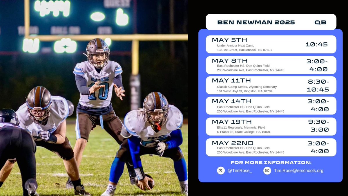 Coaches-I'll be throwing this month on the following dates. If you have scheduling conflicts, please let me know and we can arrange additional workouts. @ERGFootball @TimRose_ @BrianHawkins4 @Elite11 @UANextFootball @NYSEliteAthlet @PrepRedzoneNY