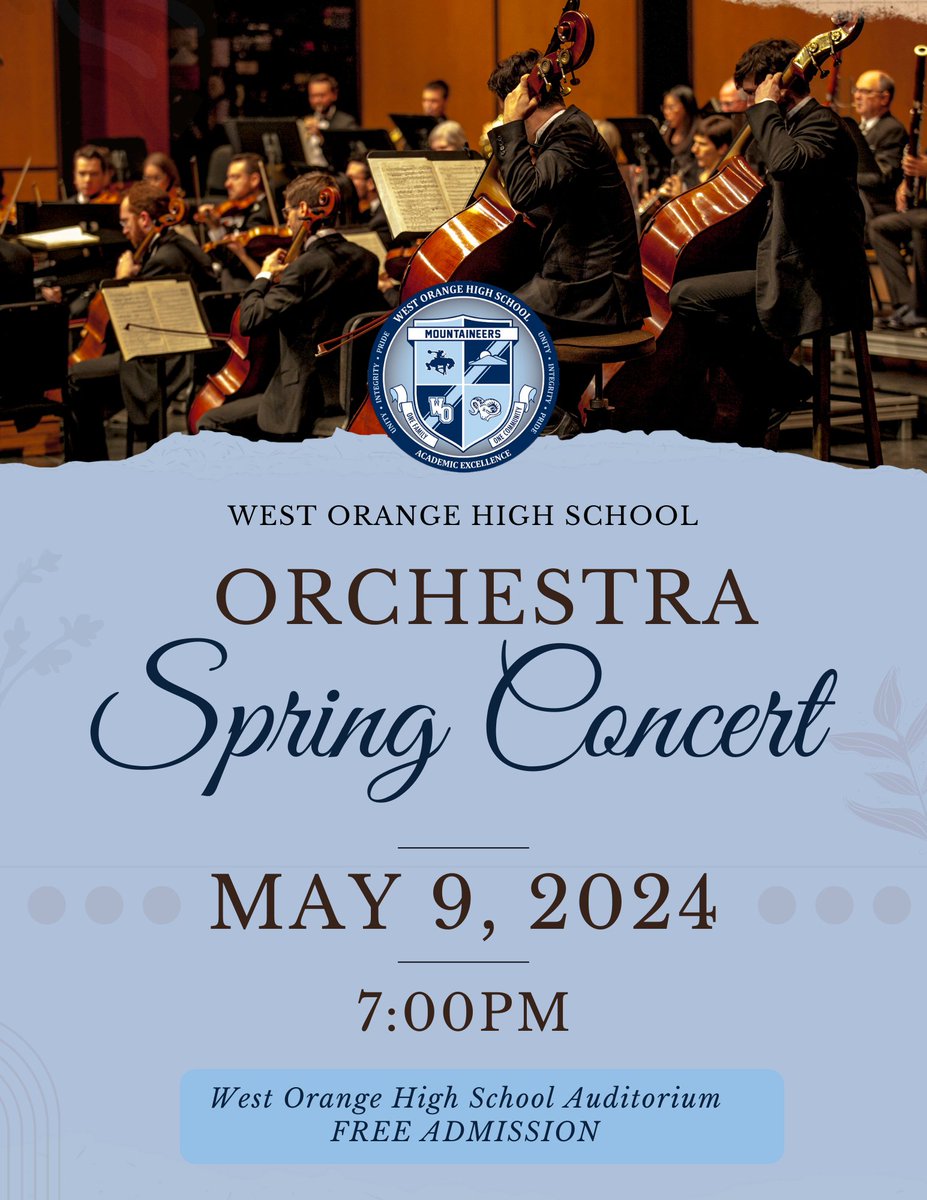 SAVE THE DATE!! The West Orange High School Orchestra Spring Concert will take place Thursday May 9, 2024, 7pm in the high school auditorium. This concert is FREE and open to the public. Come support the arts!! #wopride #musiceducation