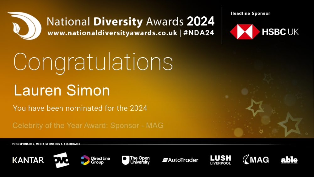 Congratulations to Lauren Simon  who has been nominated for the Celebrity of the Year Award. To vote please visit nationaldiversityawards.co.uk/awards-2024/no… #NDA24 #Nominate #VotingNowOpen