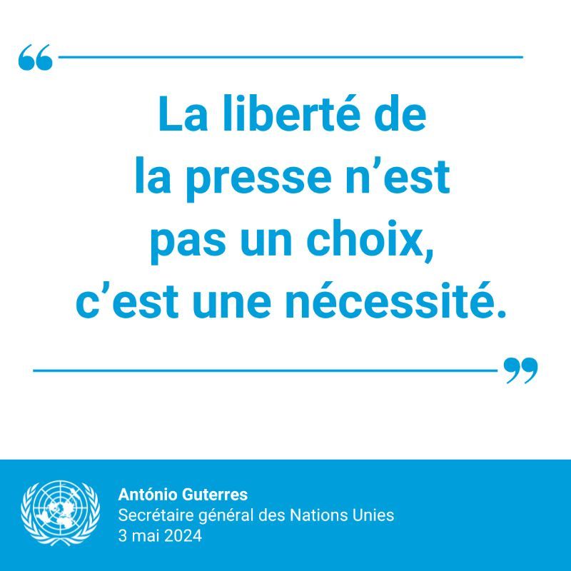 « La liberté de la presse n’est pas un choix, c’est une nécessité. » Le Secrétaire général de l'ONU @antonioguterres à protéger la #LibertéDeLaPresse et les droits des journalistes et des professionnels des médias partout dans le monde. #JournéeDeLaLibertéDeLaPresse