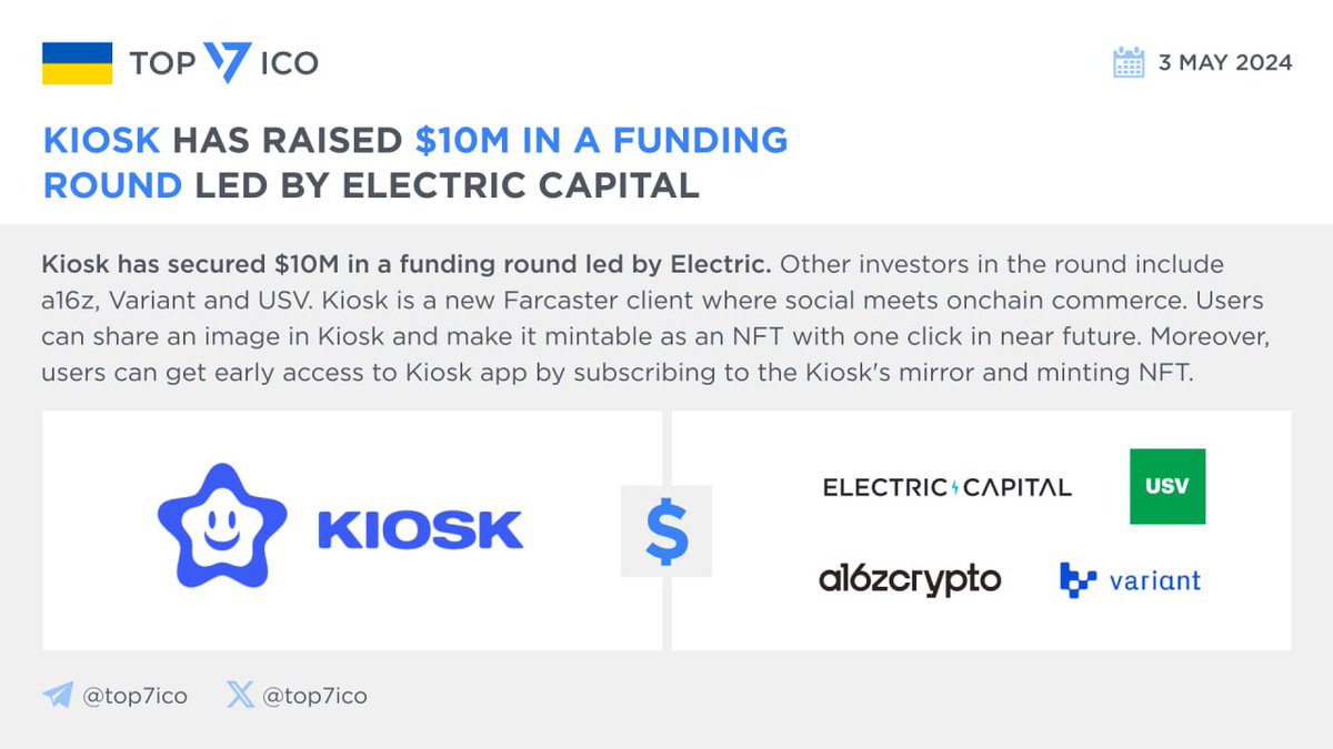 Kiosk has raised $10M in a funding round led by Electric Capital @KioskSocial has secured $10M in a funding round led by @ElectricCapital. Other investors in the round include @a16zcrypto, @variantfund, and @USV. Kiosk is a new Farcaster client where social meets onchain…