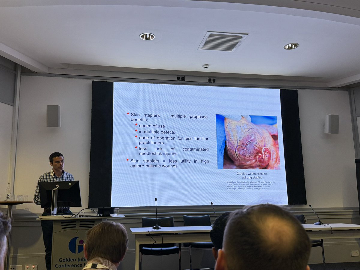 Talk from Luke Staveley-Warhammer @Magpas_Charity on cardiac wound closure in resuscitative thoracotomy, survey of programs in UK, numerous methods foley, suture and staples. Perhaps greater ease prehospital with staples. @_retrieval @AMPAdocs @NAEMSP @UWMedFlight @MadtownEM