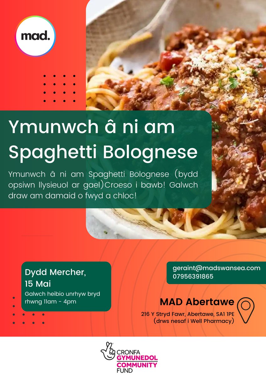 Ymunwch â ni am Spaghetti Bolognese (bydd opsiwn llysieuol ar gael) Croeso i bawb! Galwch draw am damaid o fwyd a chloc!

@TNLComFundWales

#Swansea #FoodSupport