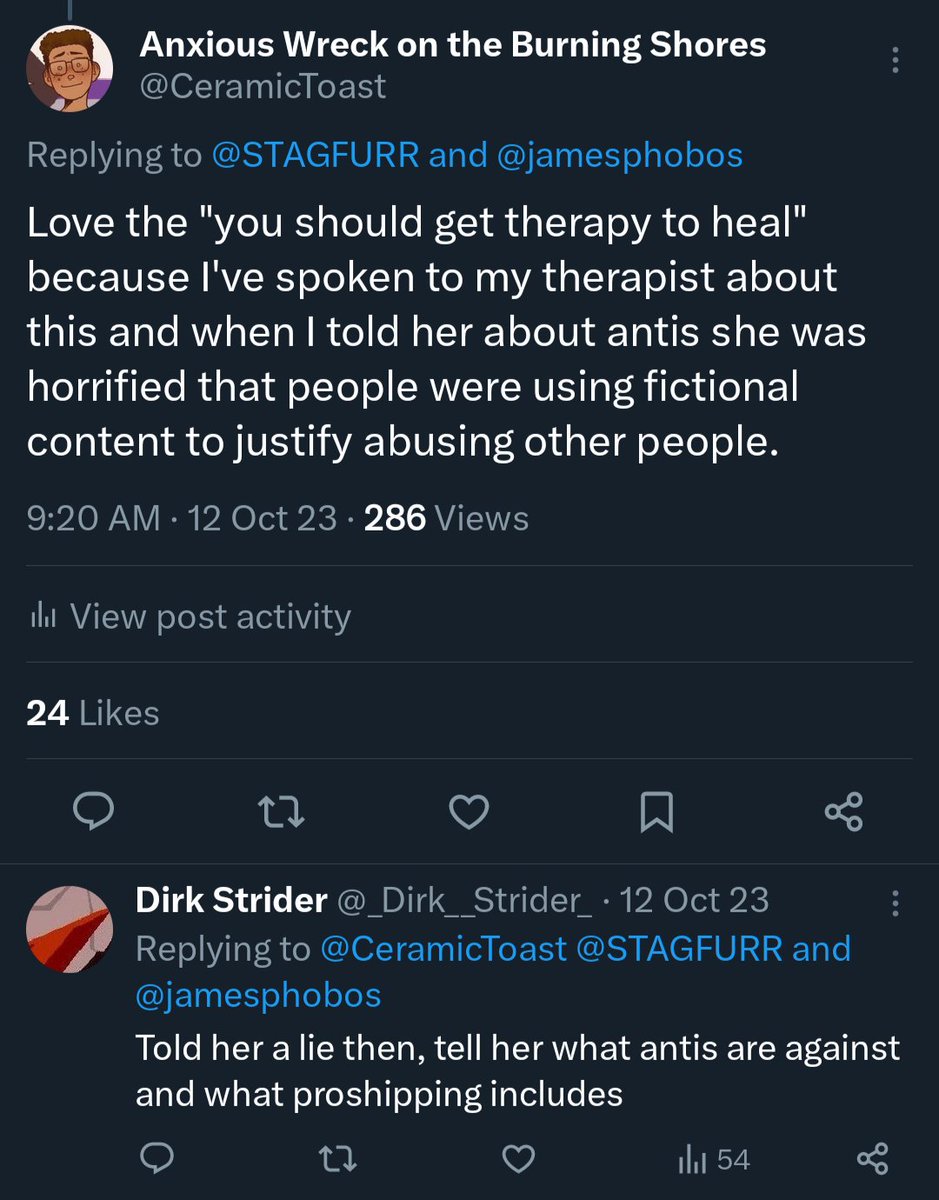 Not going to respond to a post that Twitter took months to alert me to but I think Homestuck antis are some of the weirdest of their kin.

Honey half your cast comes from an incest slurry, you can't be an anti, are you fr