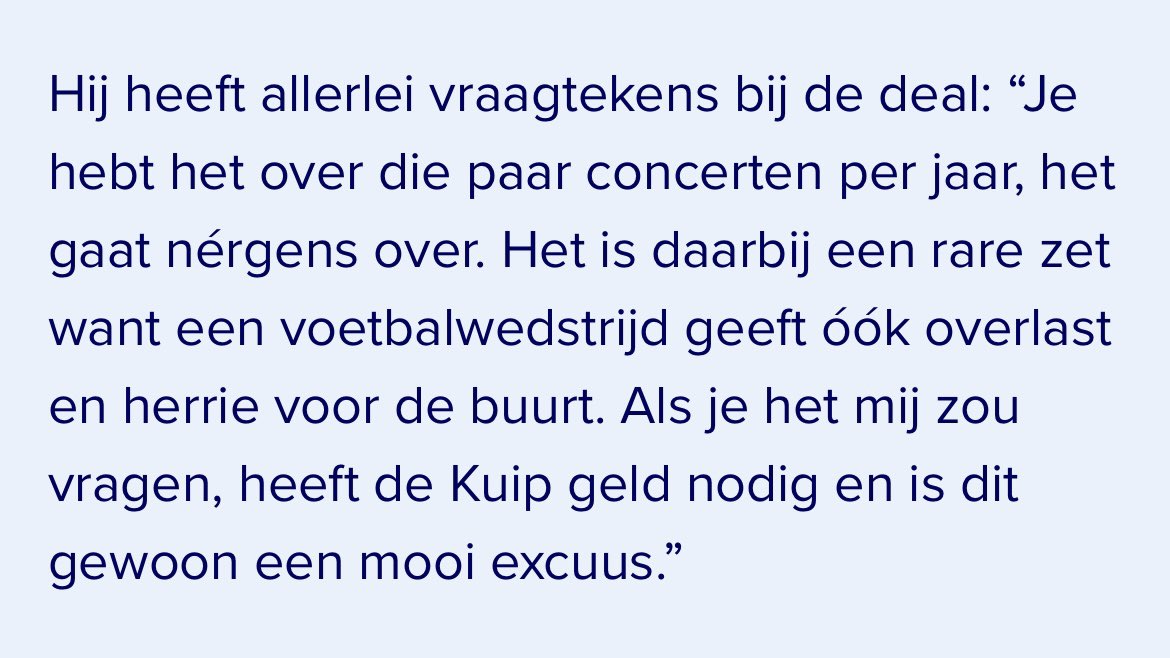 In een paar zinnen vat @GideonKarting de deal die gemeente Rotterdam sloot met Stadion Feijenoord NV goed samen. 
De NV verkeert in financiële nood, gemeente Rotterdam helpt met publiek geld niet #Feyenoord of het legioen, maar bestuurders met bouwbelangen bij, jawel, Stadion…