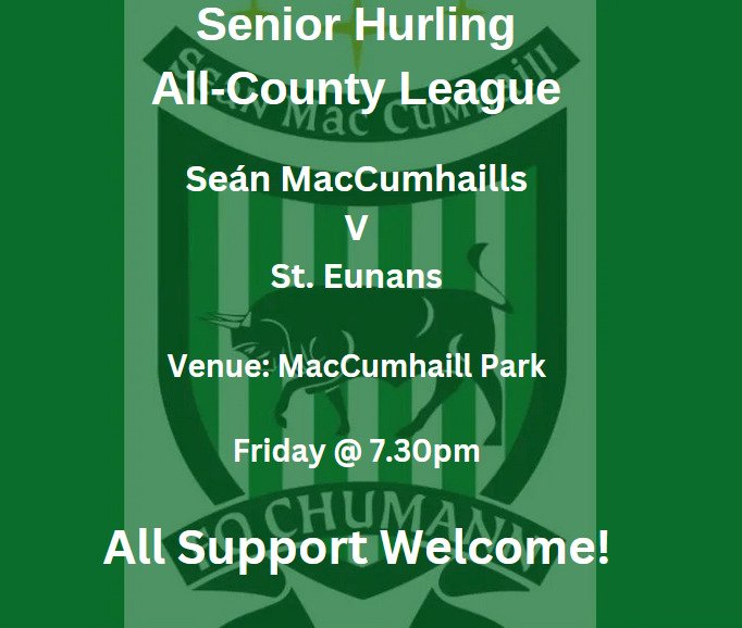 The Hurlers are now playing in the Town this evening instead of Ballyshannon. 

All support welcome for the team.