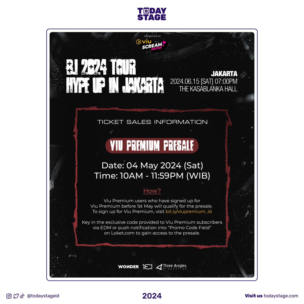 Dear Viu’ers and Indonesian ID, these are the official ticket sales info, for B.I 2024 Tour “HYPE UP” in Jakarta on 15 June at The Kasablanka Hall.

#BI #비아이
#HYPEUPinJKT
#131LABEL #wondercoltd
#ViuScreamDates #ViuIndonesia
#TAP #ThreeAnglesProduction