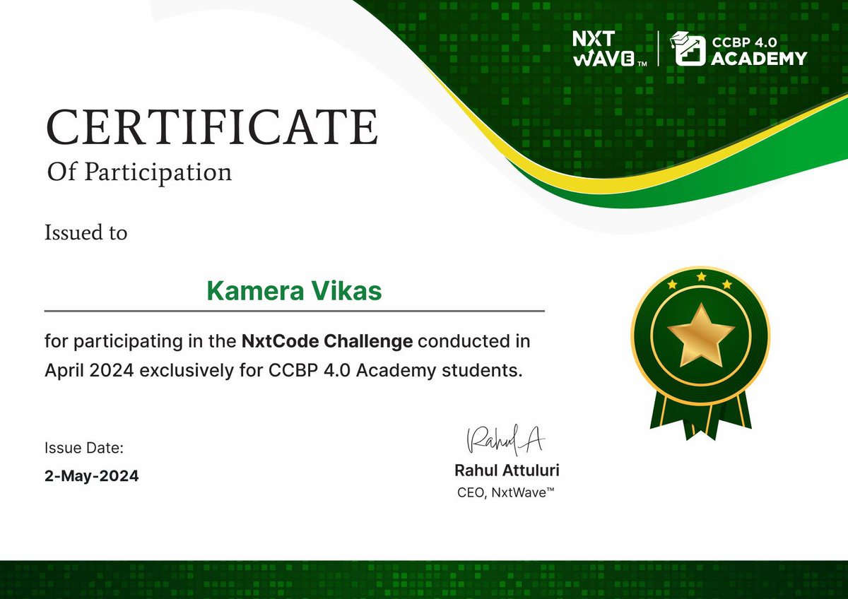 🌟Thrilled to have completed the #NxtCode #21DaysofCoder Challenge and earned this certificate! 

[cdn1.ccbp.in/misc/nxtcode-p…]

I'm grateful for this opportunity. #NXTWave #nxtcodechallenge #ccbpacademy #ccbp