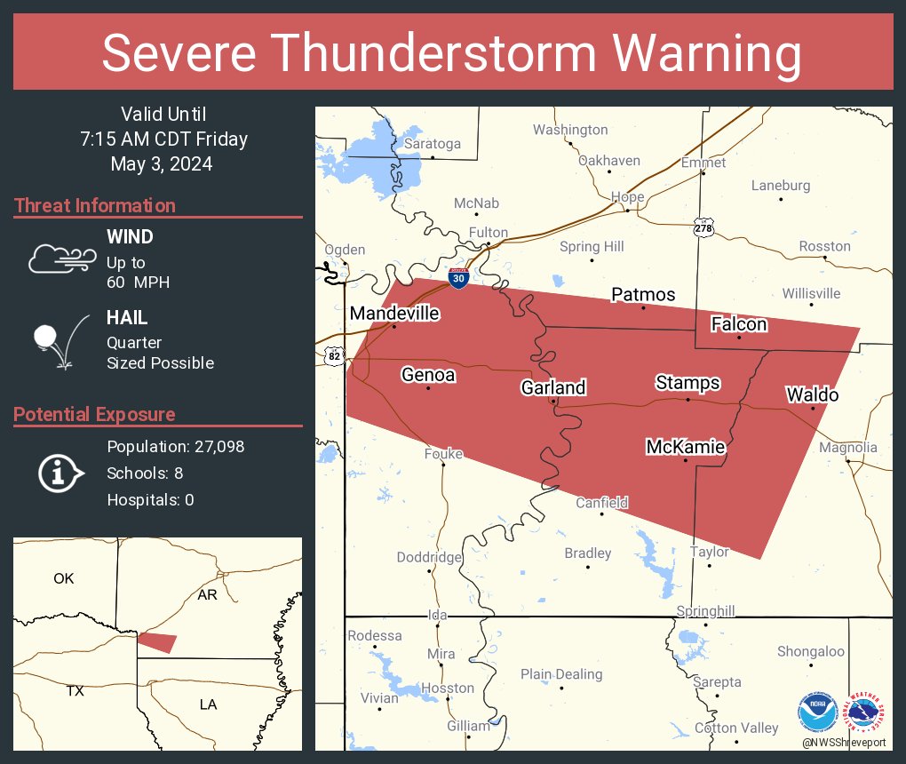Severe Thunderstorm Warning including Stamps AR, Waldo AR and Lewisville AR until 7:15 AM CDT
