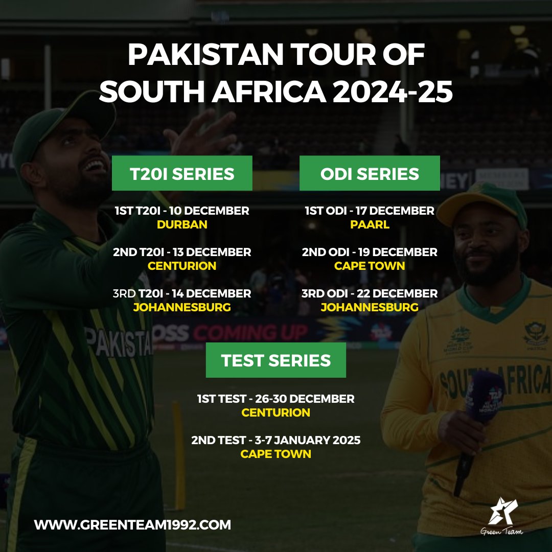 Tour Announcement! ✈️

Pakistan will travel to South Africa for a full series in late 2024. Here's the schedule! 👇

#SAvPAK | #Cricket | #GreenTeam | #OurGameOurPassion | #KhelKaJunoon