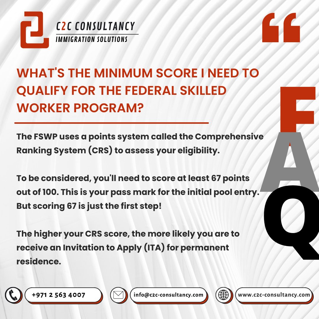 Calling All Canadian Dream Chasers! 🇨🇦  #FSWP #ExpressEntry
 The Federal Skilled Worker Program (FSWP) might be your golden ticket!  #ImmigrationCanada

What's the minimum score I need to qualify? #PassMark  #ExpressEntryPool #ITA  #StayTuned
#CanadaImmigration #SkilledWorker