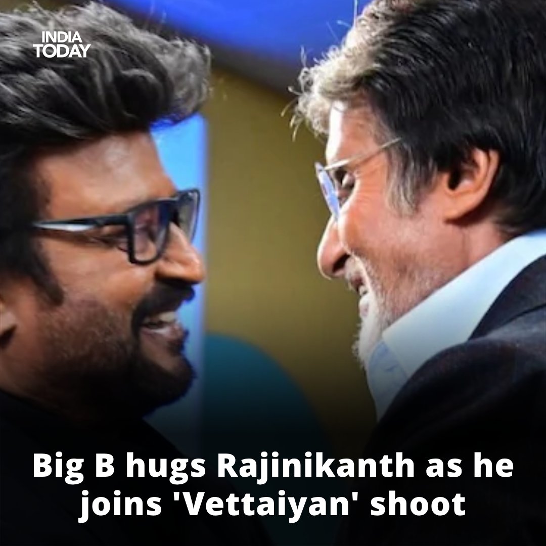 Amitabh Bachchan has joined Rajinikanth for the shoot of 'Vettaiyan'. @SrBachchan greeted @rajinikanth with a hug on the sets of the film. Read more: intdy.in/k918cr #AmitabhBachchan #Rajinikanth #Vettaiyan #ITCard