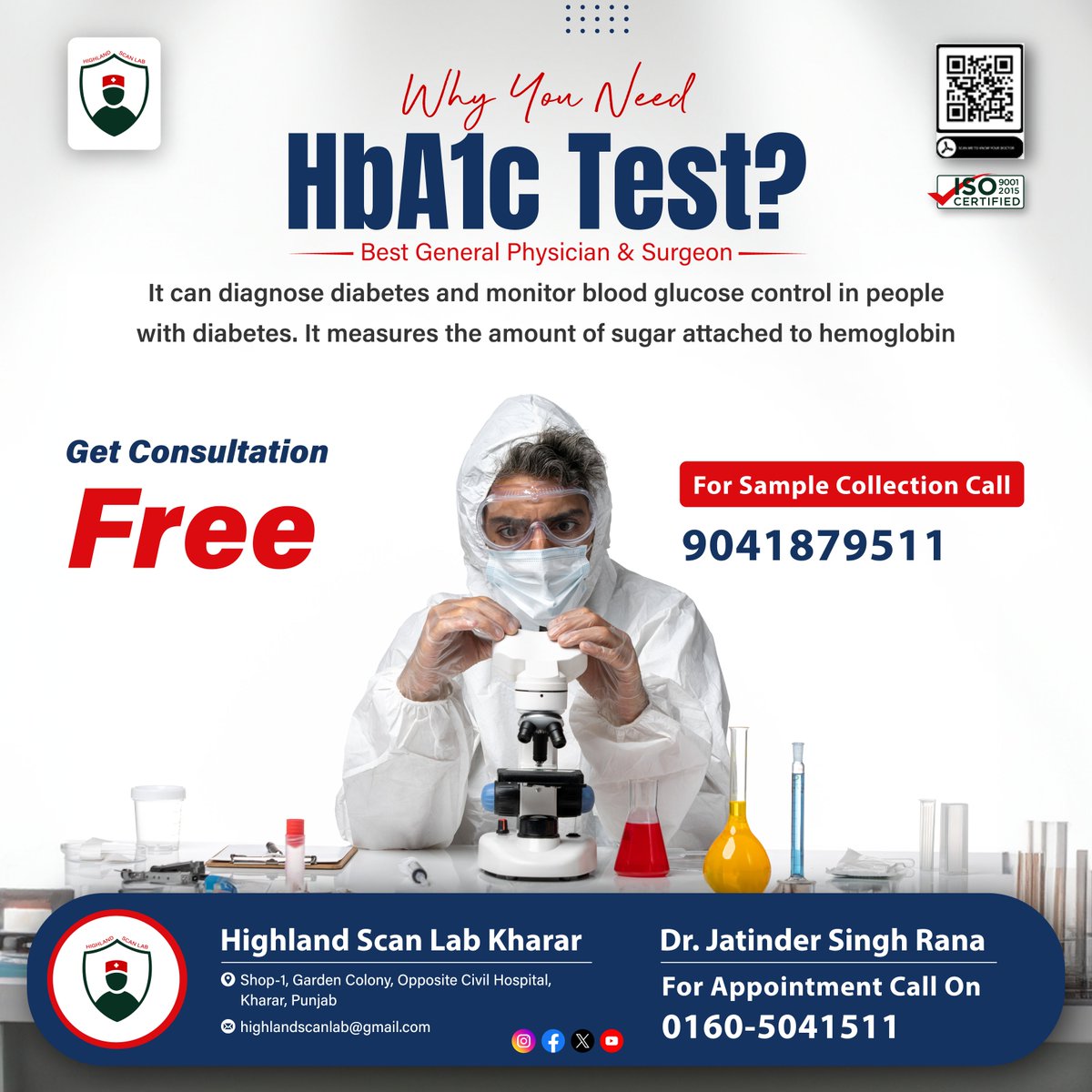 Why wait for #symptoms when you can stay a step ahead? The HbA1c test is your window into your body's #bloodsugar levels over the past three months. Don't just monitor, take control with #HighlandScanLab.💪
.
#bloodtest #Drjatindersingh #Diagnostics #kharar #pathology